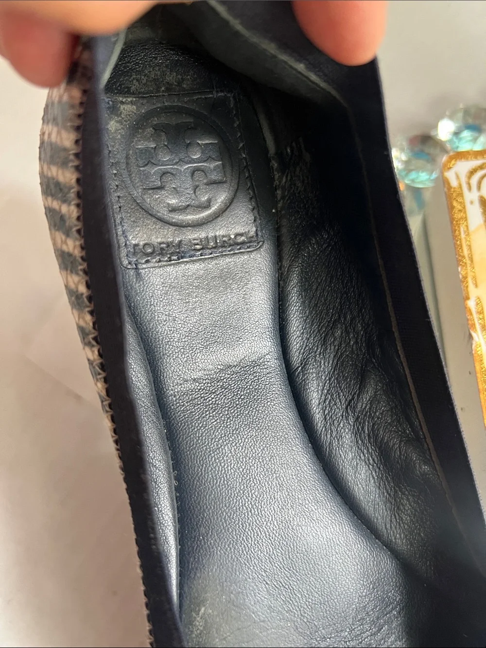 Tory Burch Navy and White Striped Logo Ballet Flats